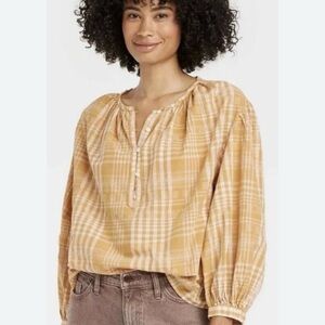 Plaid Button-Down Blouse in Yellow